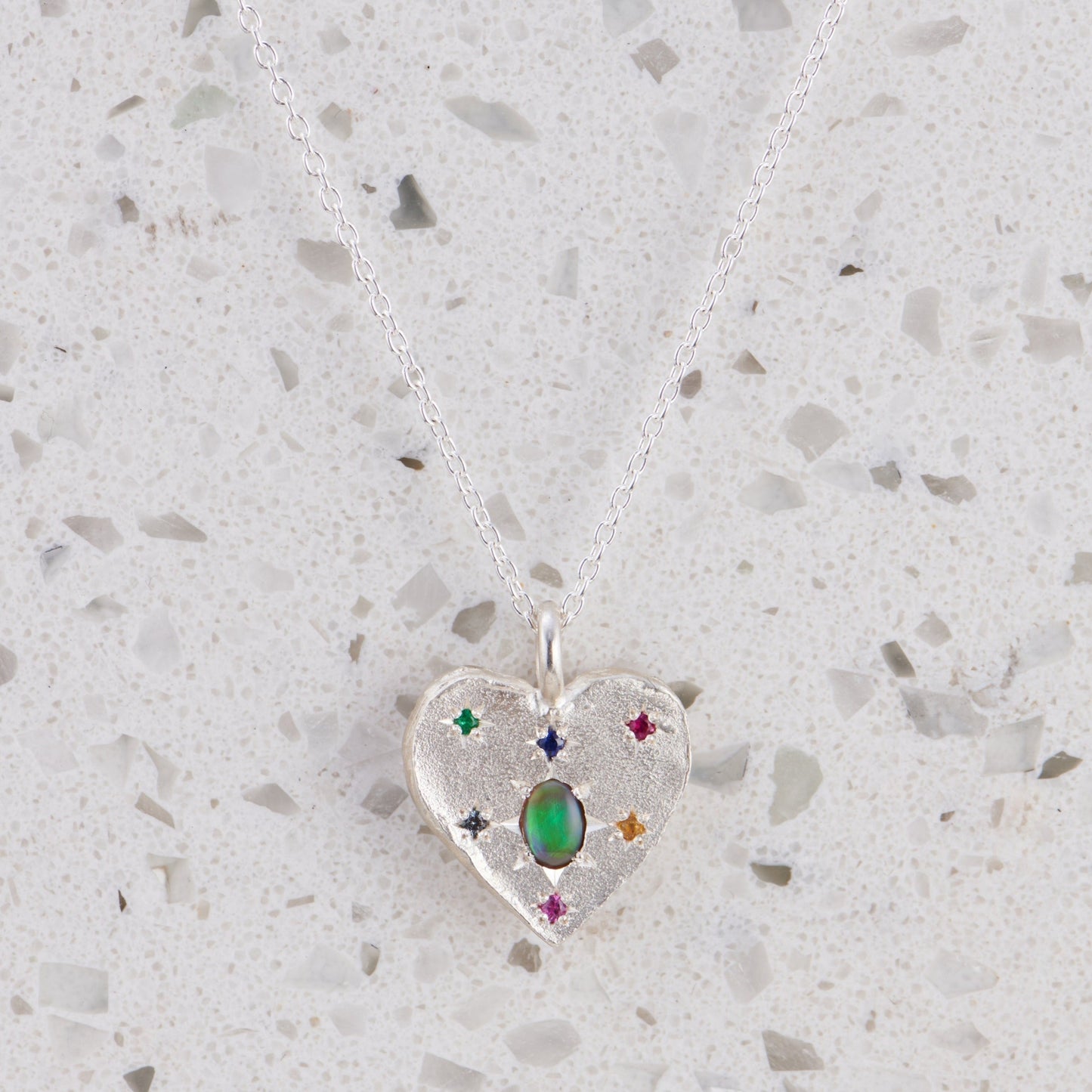 Black Opal Big Heart Necklace In Silver (In Stock)