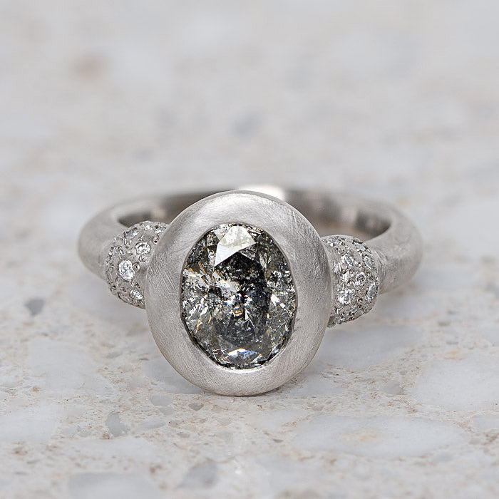 Salt and Pepper Diamond Talisman in 18ct White Gold, Size P and a half (In Stock)