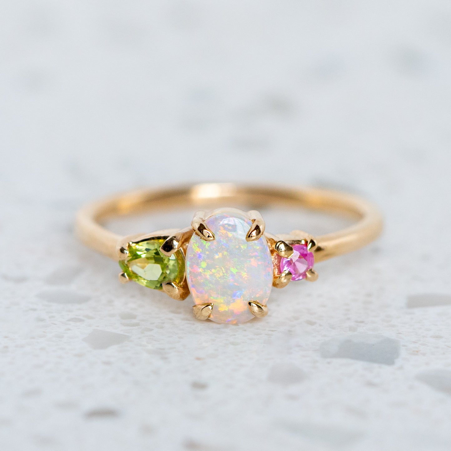 Mini Crystal Opal Pear and Pink Sapphire Splice Ring