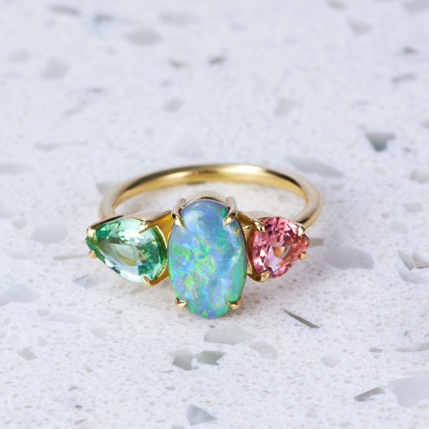 One-off Semi-Black Opal and Tourmaline Splice in 18ct Yellow Gold, Size Q (In Stock)