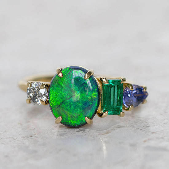 Black Opal Splice In 18ct Yellow Gold, Size P (In Stock)