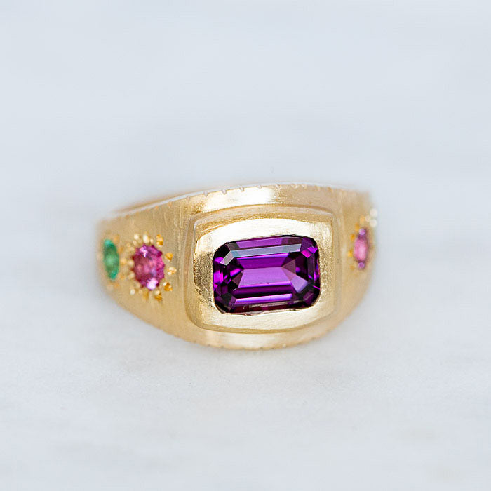 Purple Garnet Armour Ring in 14ct Yellow Gold, Size O (In Stock)