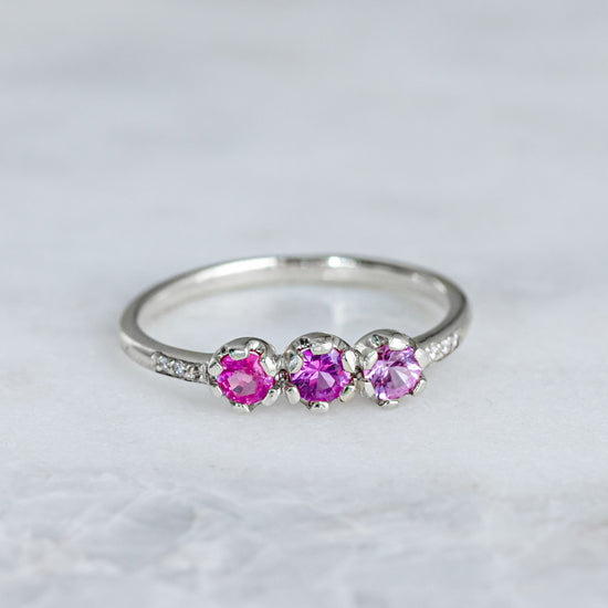 Shades of Pink Sapphire Juliet Ring In 9ct White Gold, Size O and a half (In Stock)