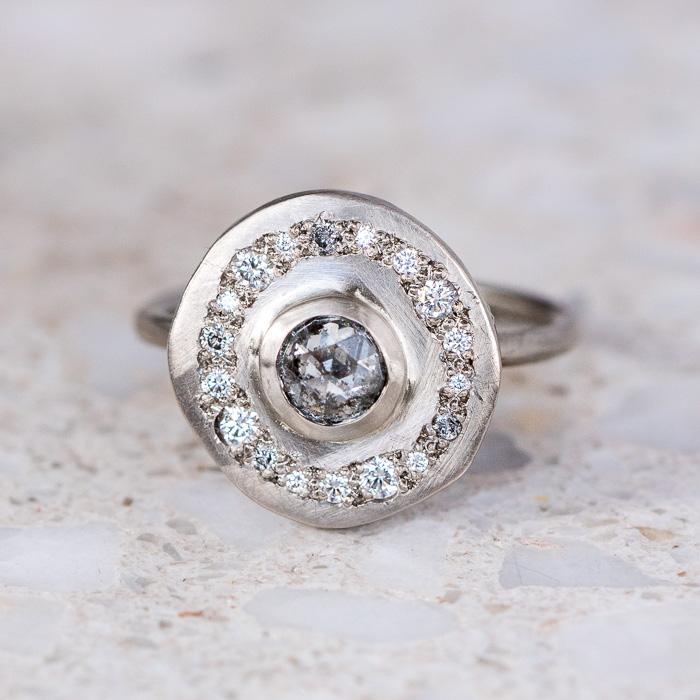 Salt and Pepper Diamond Orbiting Pebble Ring in 14ct White Gold, Size O (In Stock)