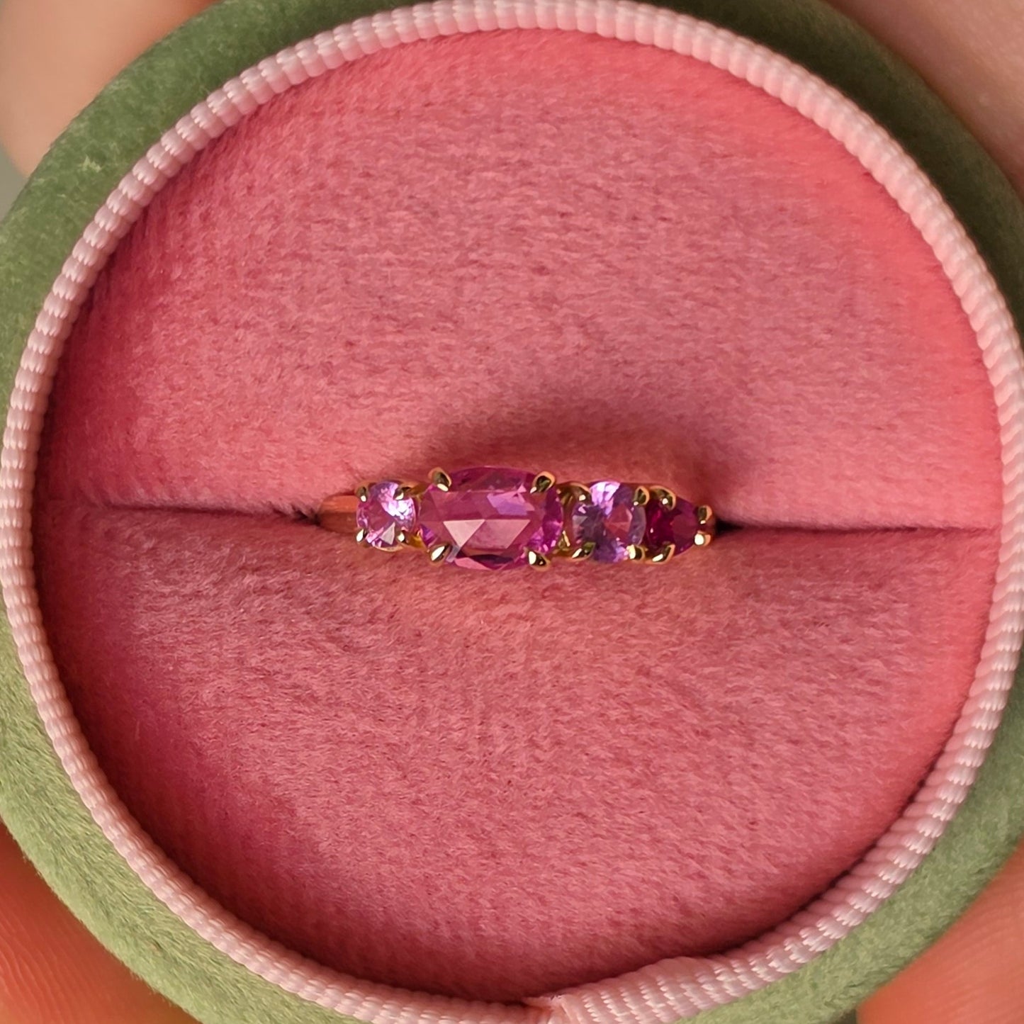 East West All Pinks Sapphire Splice Ring in 14ct Yellow Gold, Size M (In Stock)