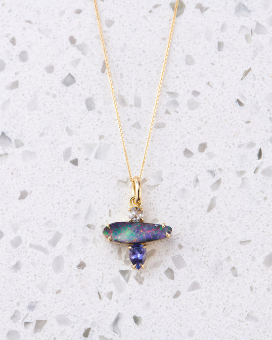 Load image into Gallery viewer, Boulder Opal and Salt &amp;amp; Pepper Diamond Creature Pendant in 18ct Yellow Gold (In Stock)
