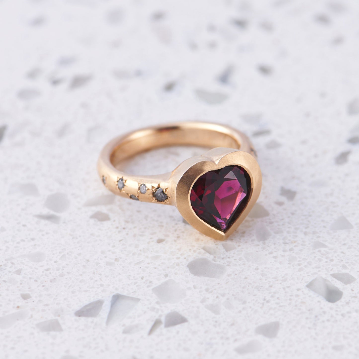 Load image into Gallery viewer, Heart Talisman Ring with a Rhodolite Garnet and Salt &amp;amp; Pepper Diamonds
