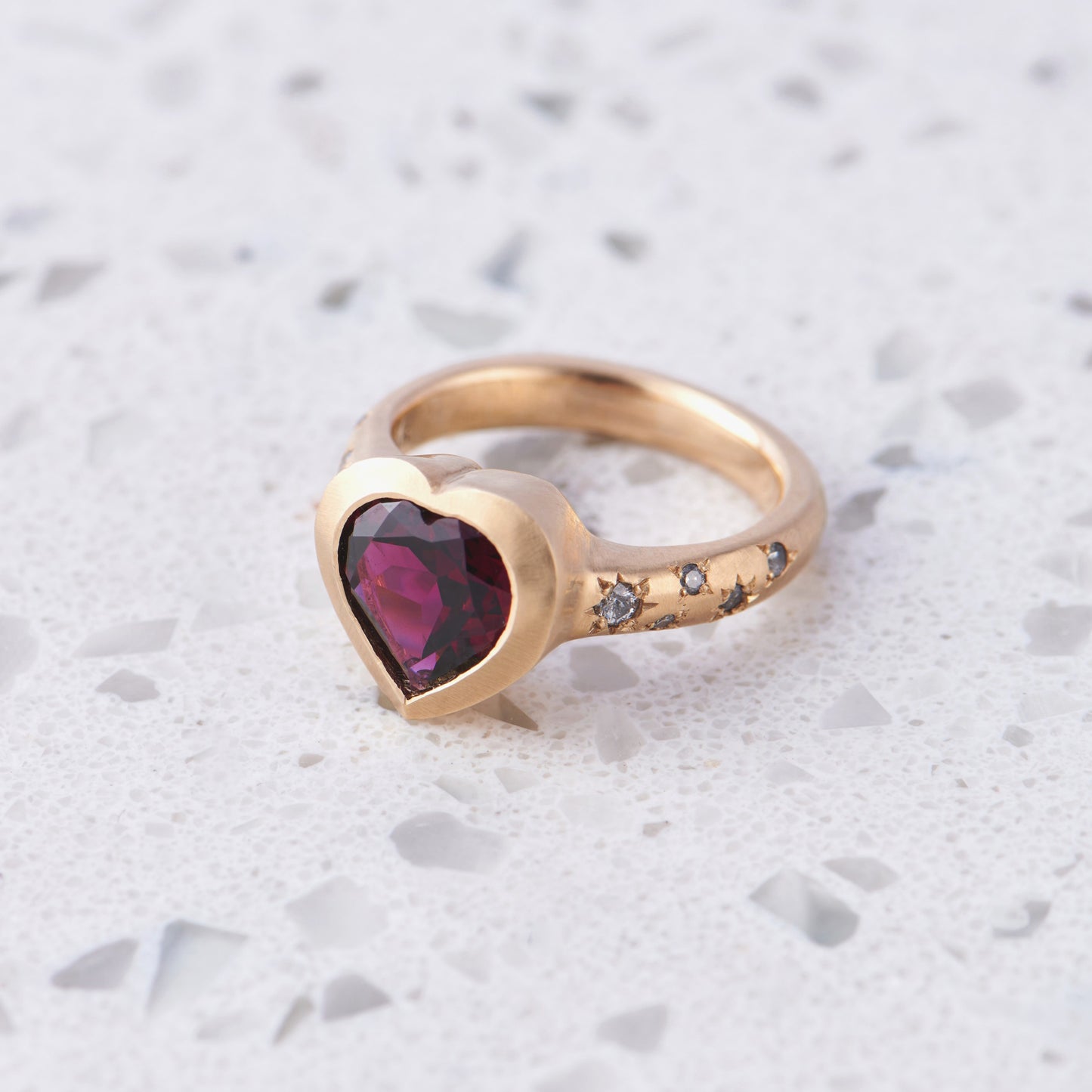 Heart Talisman Ring with a Rhodolite Garnet and Salt & Pepper Diamonds in 14ct Yellow Gold, Size M (In Stock)