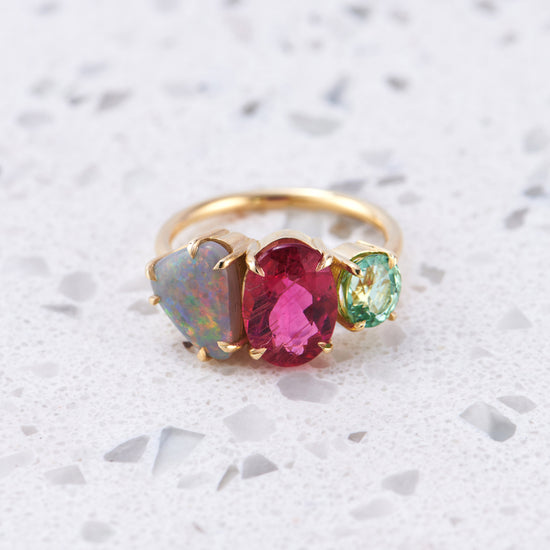One-off Splice with Semi-black Opal, Rubellite and Green Tourmaline in 18ct Yellow Gold, Size Q (In Stock)