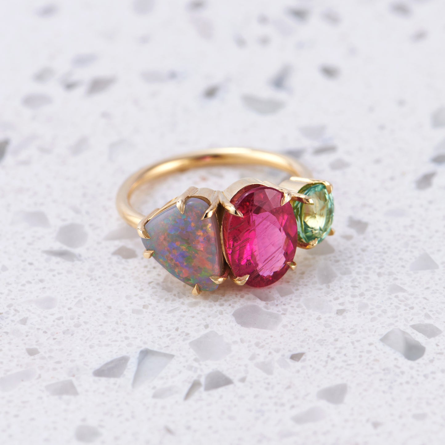 Load image into Gallery viewer, One-off Splice with Semi-black Opal, Rubellite and Green Tourmaline in 18ct Yellow Gold, Size Q (In Stock)

