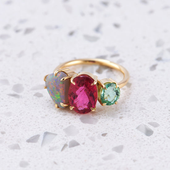 Load image into Gallery viewer, One-off Splice with Semi-black Opal, Rubellite and Green Tourmaline in 18ct Yellow Gold, Size Q (In Stock)
