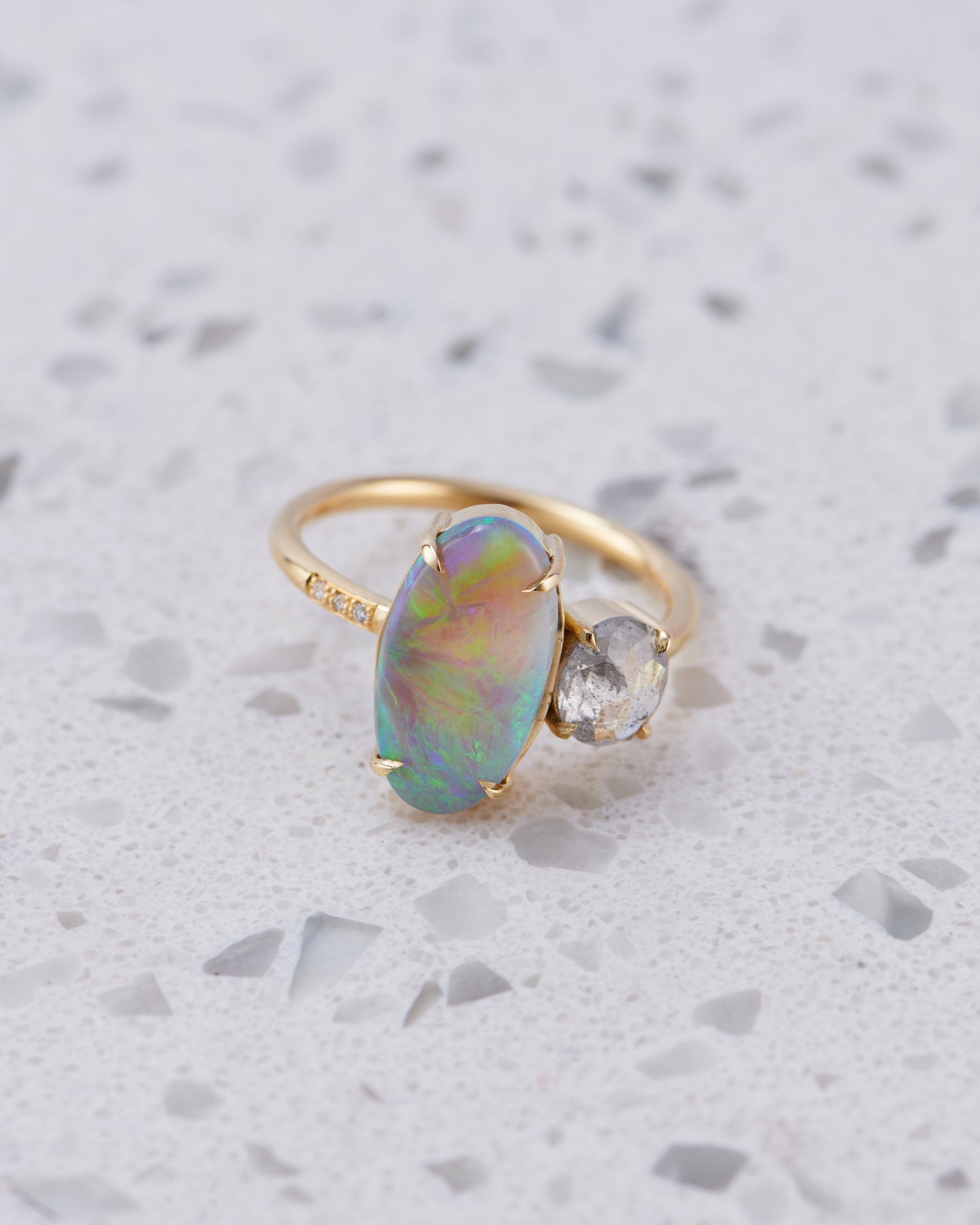 One-off Semi-Black Opal Splice with a Salt & Pepper Diamond in 18ct Yellow Gold, Size P and a half (In Stock)