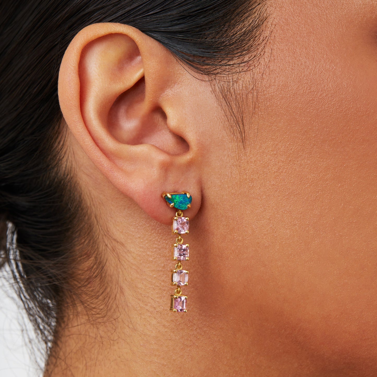 One-off Caterpillar Earrings with Black Opals and Pink Sapphires in 18ct Yellow Gold (In Stock)