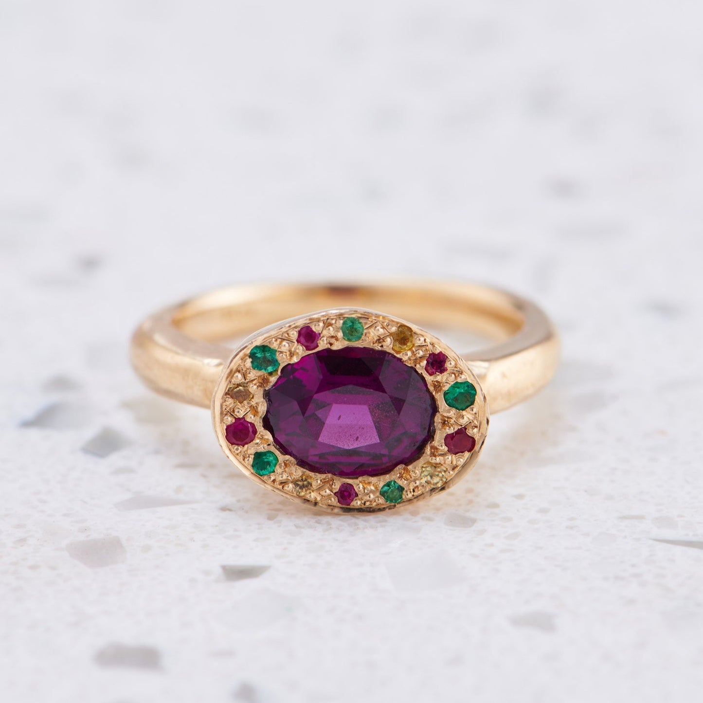 Purple Garnet Eclipse Ring in 14ct Yellow Gold, Size P and a half (In Stock)