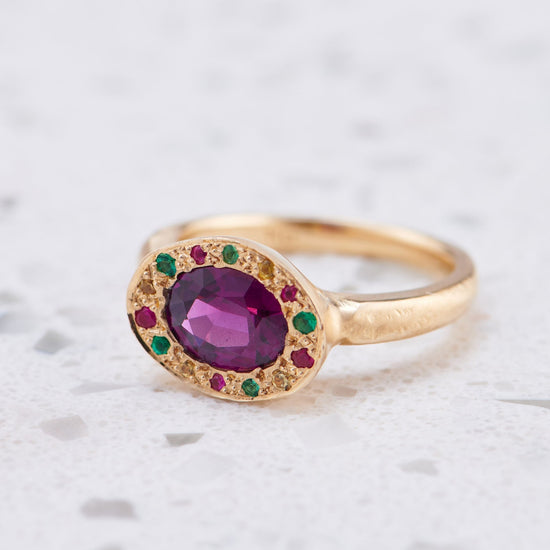 Purple Garnet Eclipse Ring in 14ct Yellow Gold, Size P and a half (In Stock)