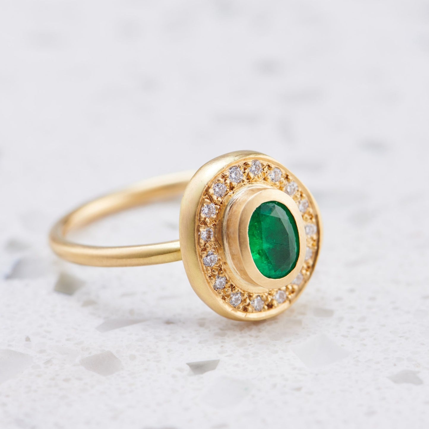 Asymmetrical Pompeii Emerald Ring, In 18ct Yellow Gold, Size O and a half (In Stock)