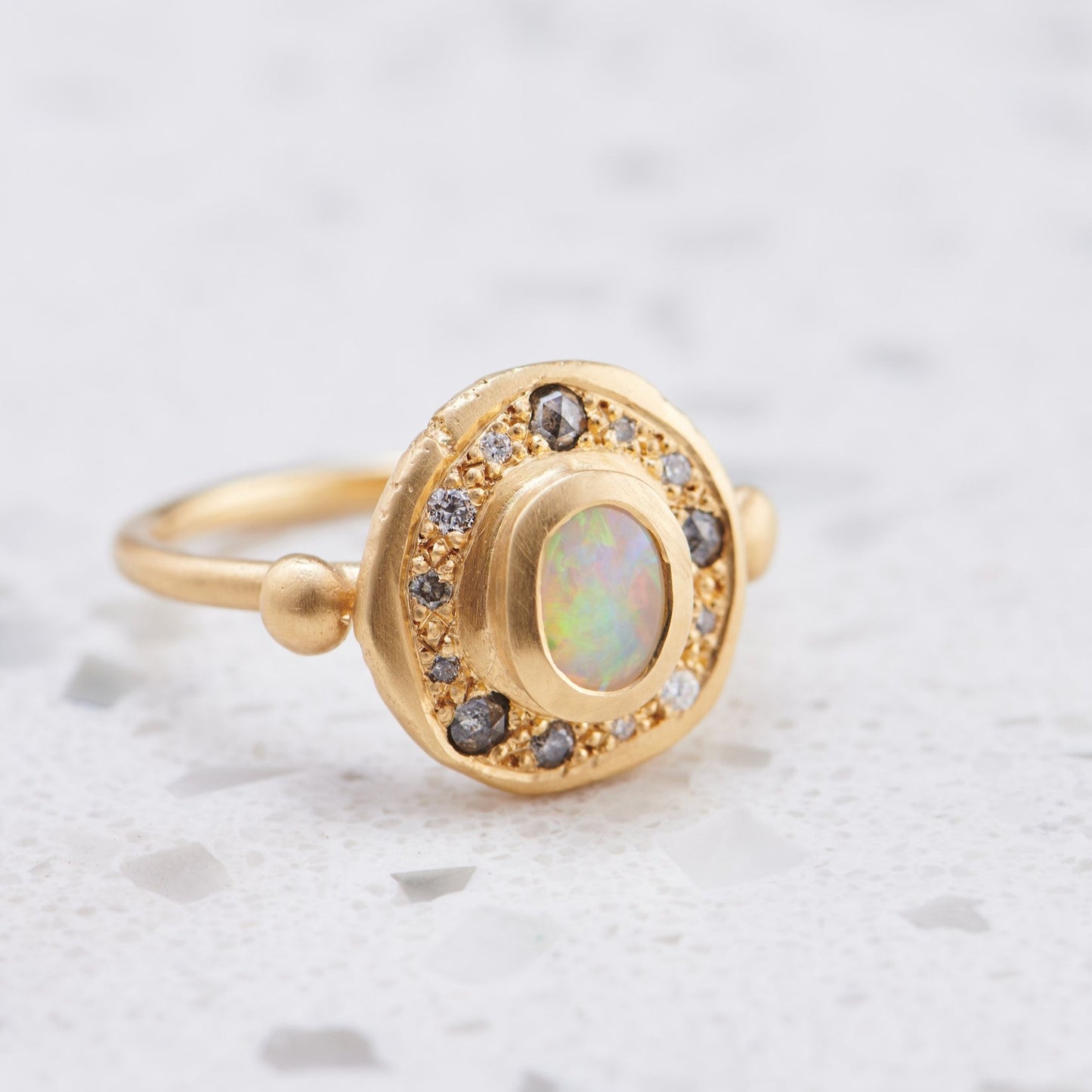 Opal And Salt and Pepper Trove Ring in 18ct Yellow Gold, Size M and a half (In Stock)