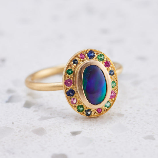 Black Opal All Sorts Pompeii Ring in 18ct Yellow Gold, Size Q and a half (In Stock)