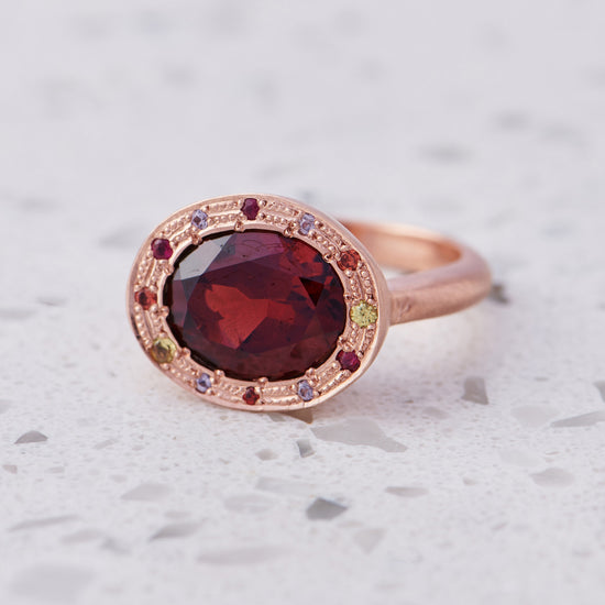 One-off Garnet Eclipse Ring in 9ct Rose Gold, Size R (In Stock).