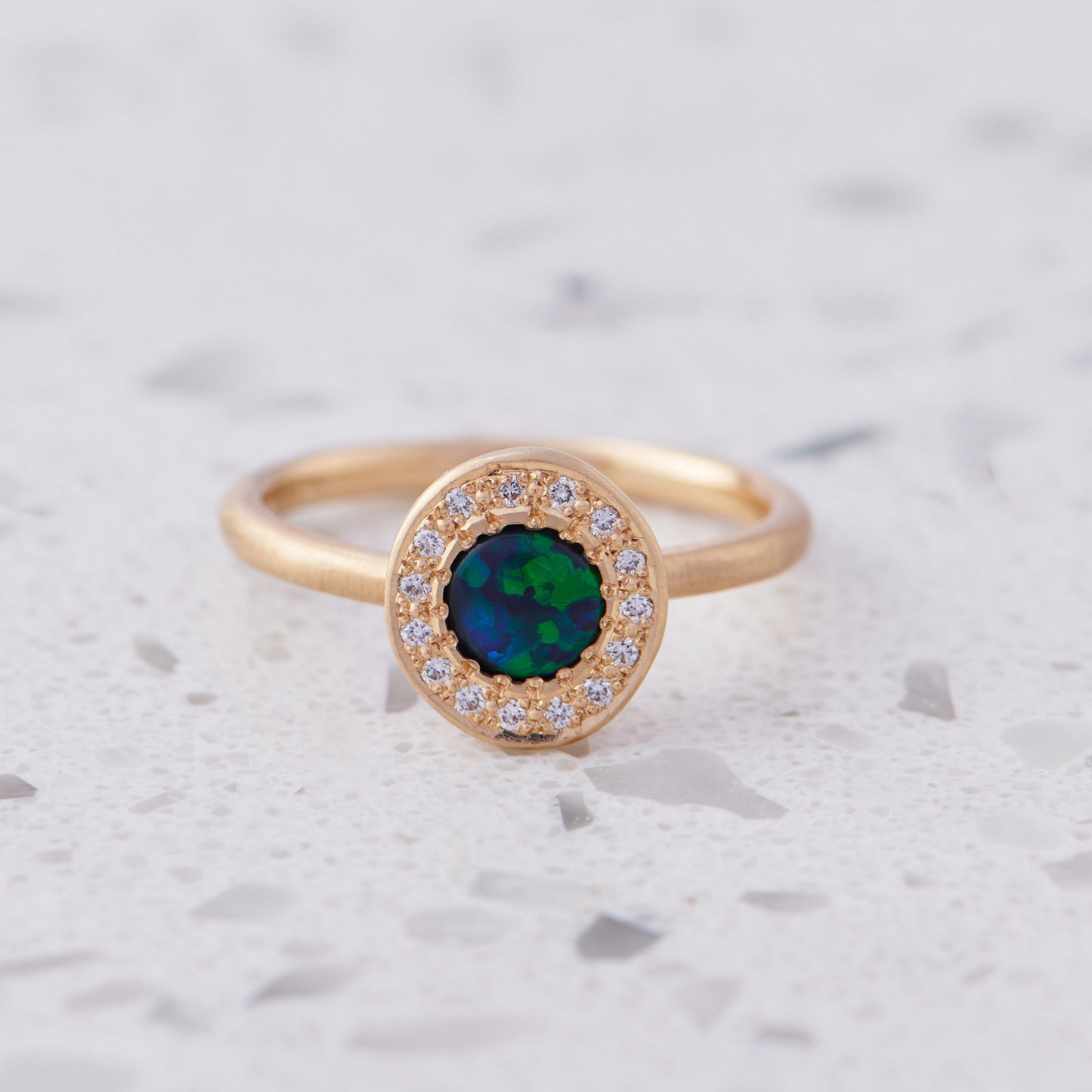 Black Opal and Diamond Pebble Ring In 14ct Yellow Gold, Size K (In Stock)
