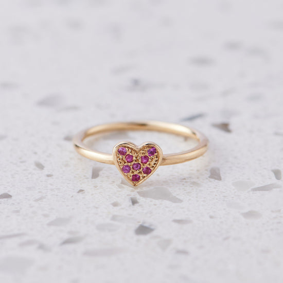 Pave Pink Sapphire Mini Heart Stacking Ring in 9ct Yellow Gold, Size Q and a half (In Stock)