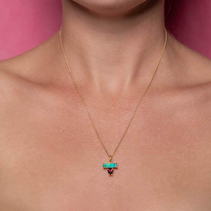 One-off Boulder Opal and Rhodolite Garnet Creatures Pendant in 18ct Yellow Gold (In Stock)