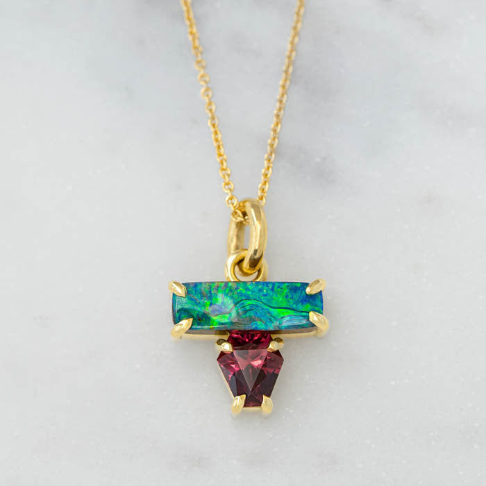 One-off Boulder Opal and Rhodolite Garnet Creatures Pendant in 18ct Yellow Gold (In Stock)