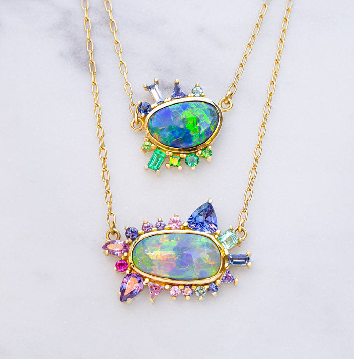 One-off Black Opal Cluster Necklace in 18ct Yellow Gold (In Stock)