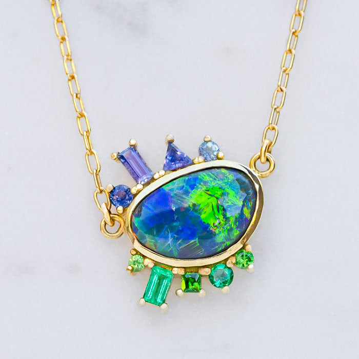 One-off Black Opal Cluster Necklace in 18ct Yellow Gold (In Stock)