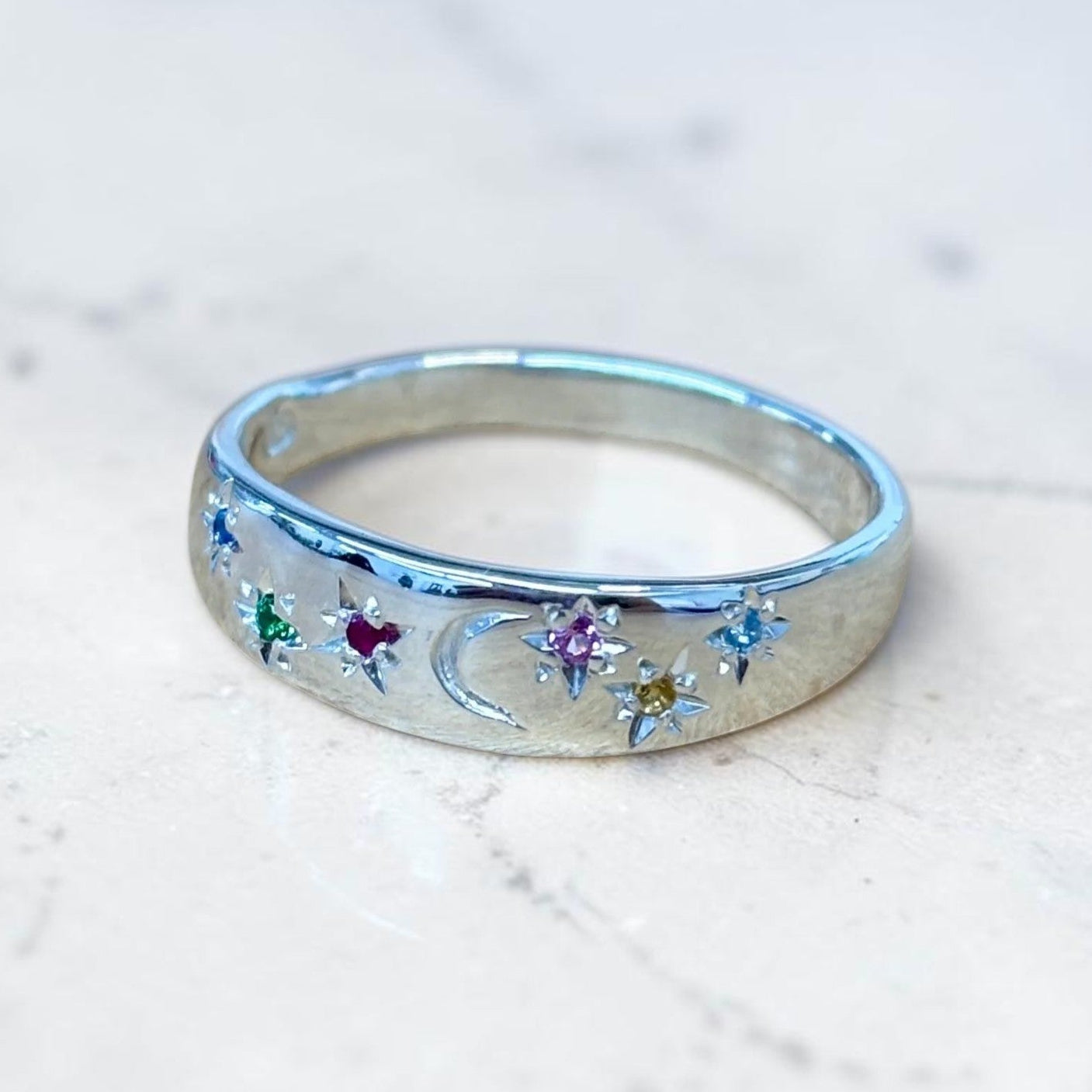 Carnivale Stars and Moon Guard Band In Silver, Size T and a half (In Stock)