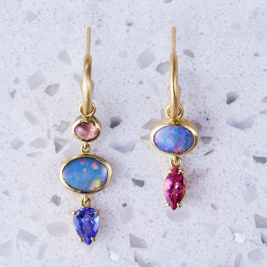 Asymmetrical Opal and Gem Earrings with 18ct Yellow Gold Huggies (In Stock)
