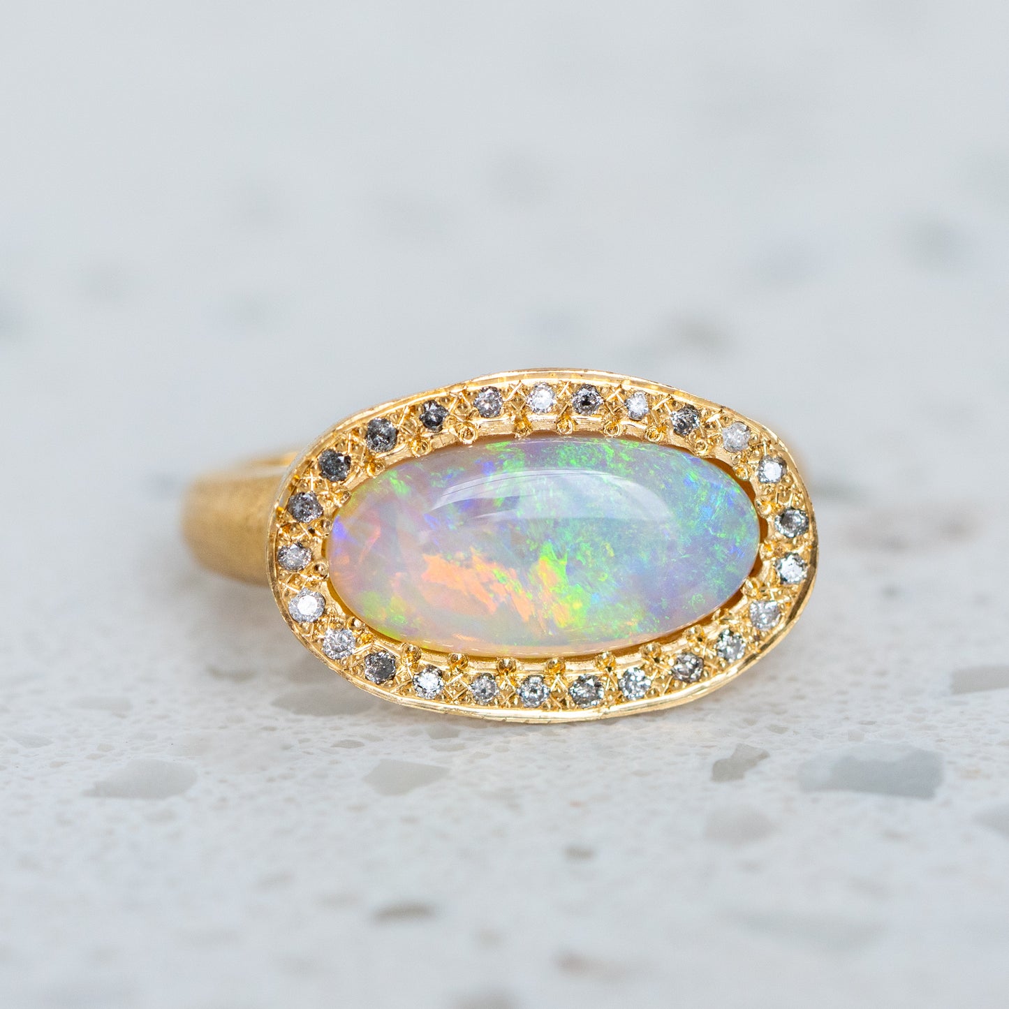 One-off East West Crystal Opal Eclipse Ring in 18ct Yellow Gold, Size N (In Stock)