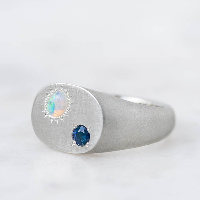 East West Crystal Opal And Blue Sapphire Signet Ring in Silver, Size N (In Stock)