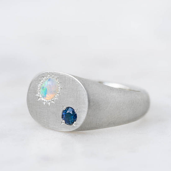 East West Crystal Opal And Blue Sapphire Signet Ring in Silver, Size N (In Stock)