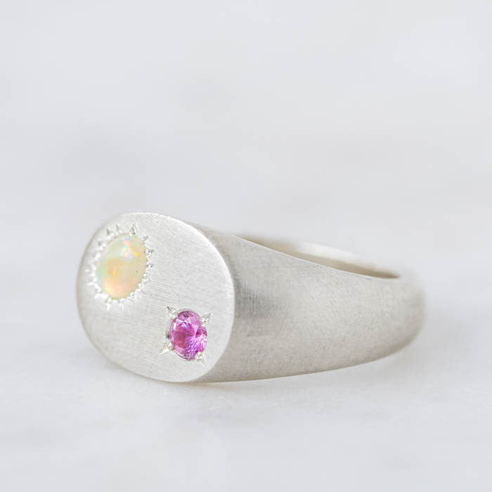 East West Crystal Opal And Pink Sapphire Signet Ring in Silver, Size N (In Stock)