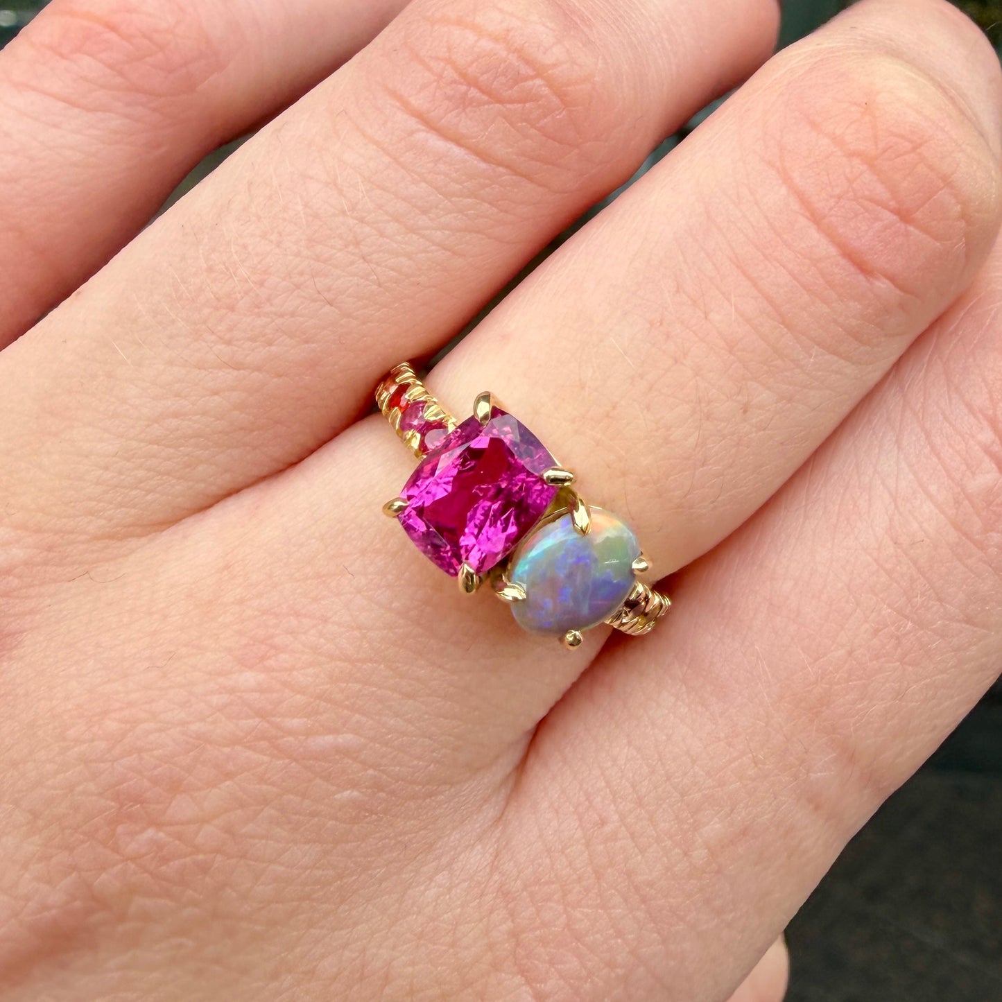 One-off Rubellite Tourmaline And Semi Black Opal Twin Ring in 18ct Yellow Gold, Size M (In Stock)