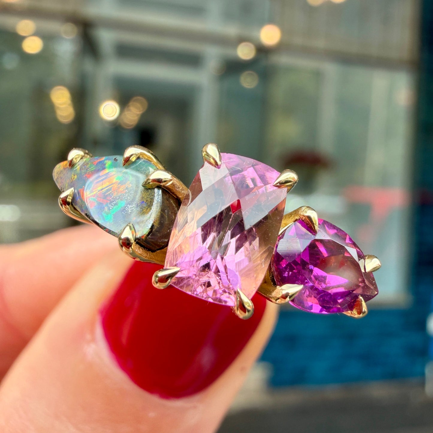 One-Off Boulder Opal, Pink Tourmaline And Rhodolite Garnet Splice Ring In 18ct Yellow Gold, Size N (In Stock)