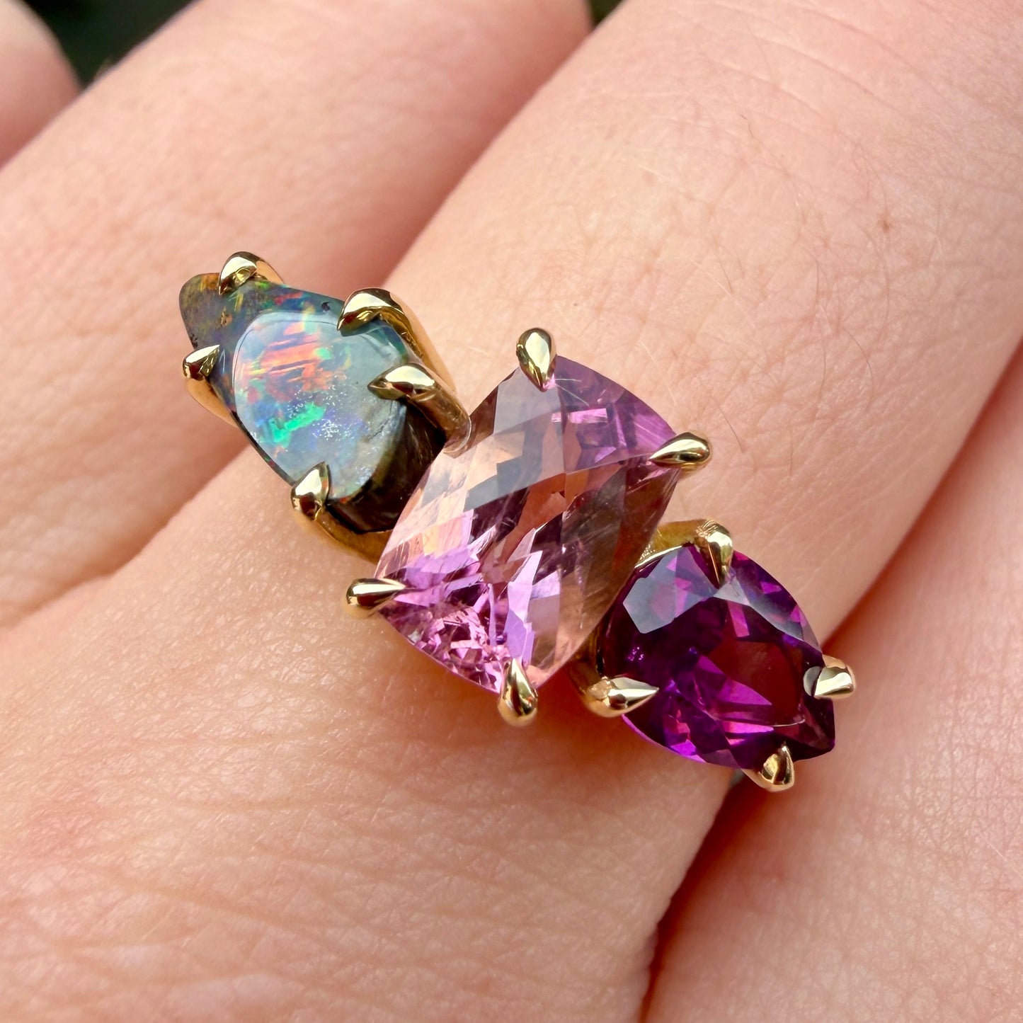One-Off Boulder Opal, Pink Tourmaline And Rhodolite Garnet Splice Ring In 18ct Yellow Gold, Size N (In Stock)