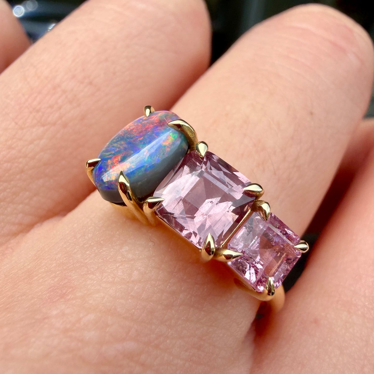 One-off Black Opal, Pink Garnet & Spinel Splice Ring In 18ct Yellow Gold, Size P (In Stock)