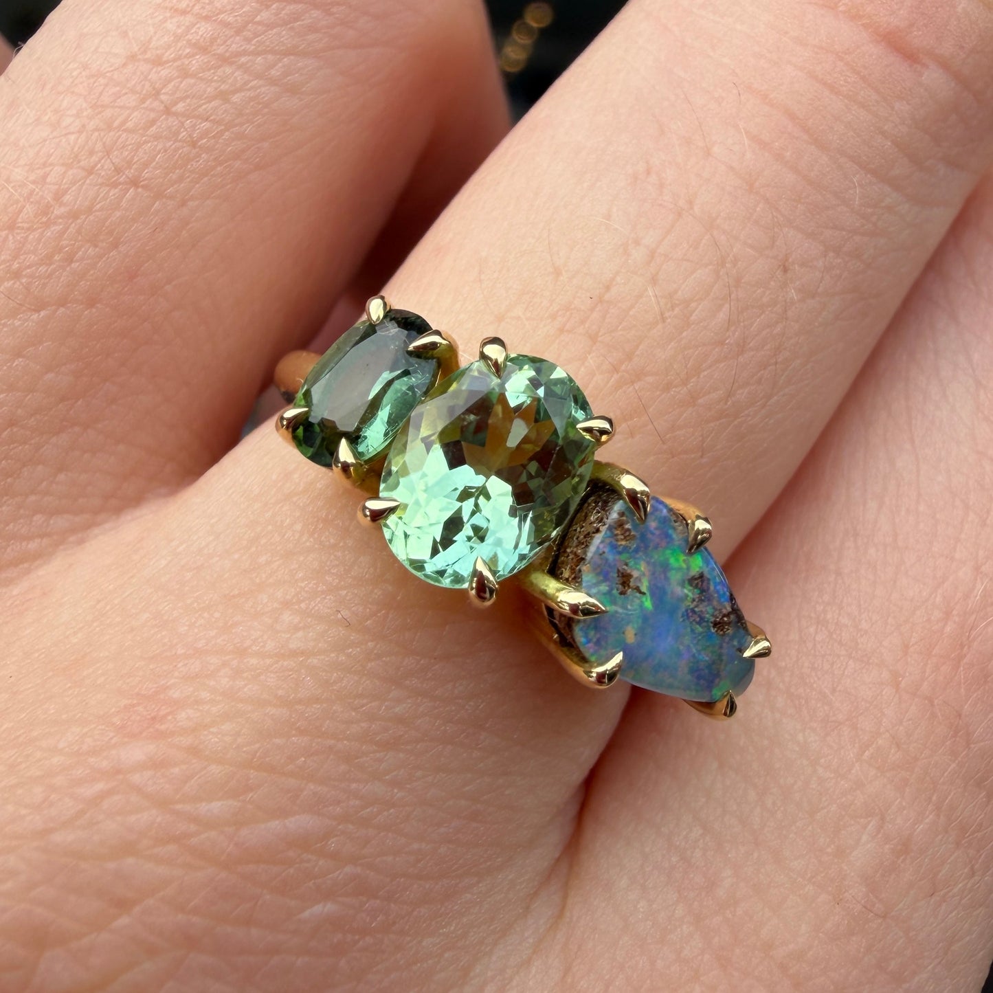One-Off Boulder Opal And Green Tourmaline Splice Ring In 18ct Yellow Gold, Size M (In Stock)