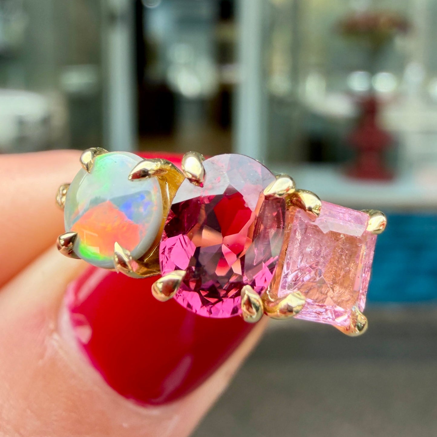 One-Off Black Opal, Purple Garnet And Pink Spinel Splice Ring In 18ct Yellow Gold, Size L (In Stock)