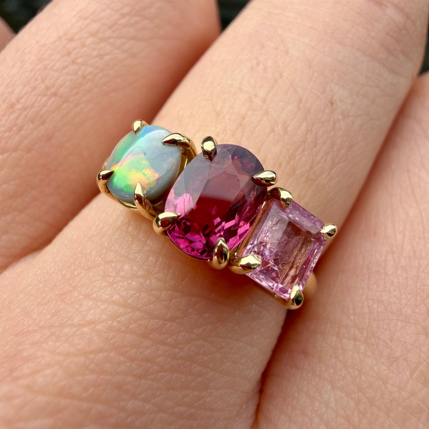 One-Off Black Opal, Purple Garnet And Pink Spinel Splice Ring In 18ct Yellow Gold, Size L (In Stock)