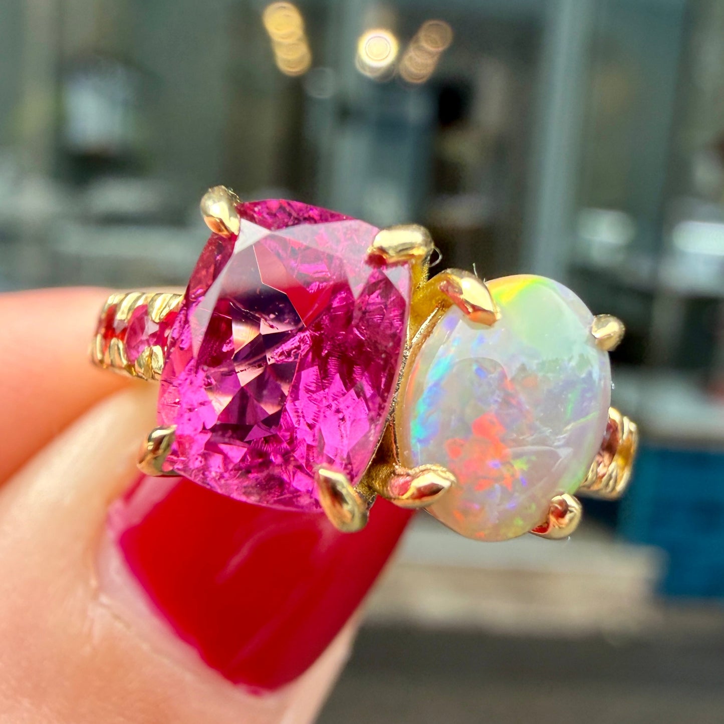 One-off Rubellite Tourmaline And Semi Black Opal Twin Ring in 18ct Yellow Gold, Size M (In Stock)