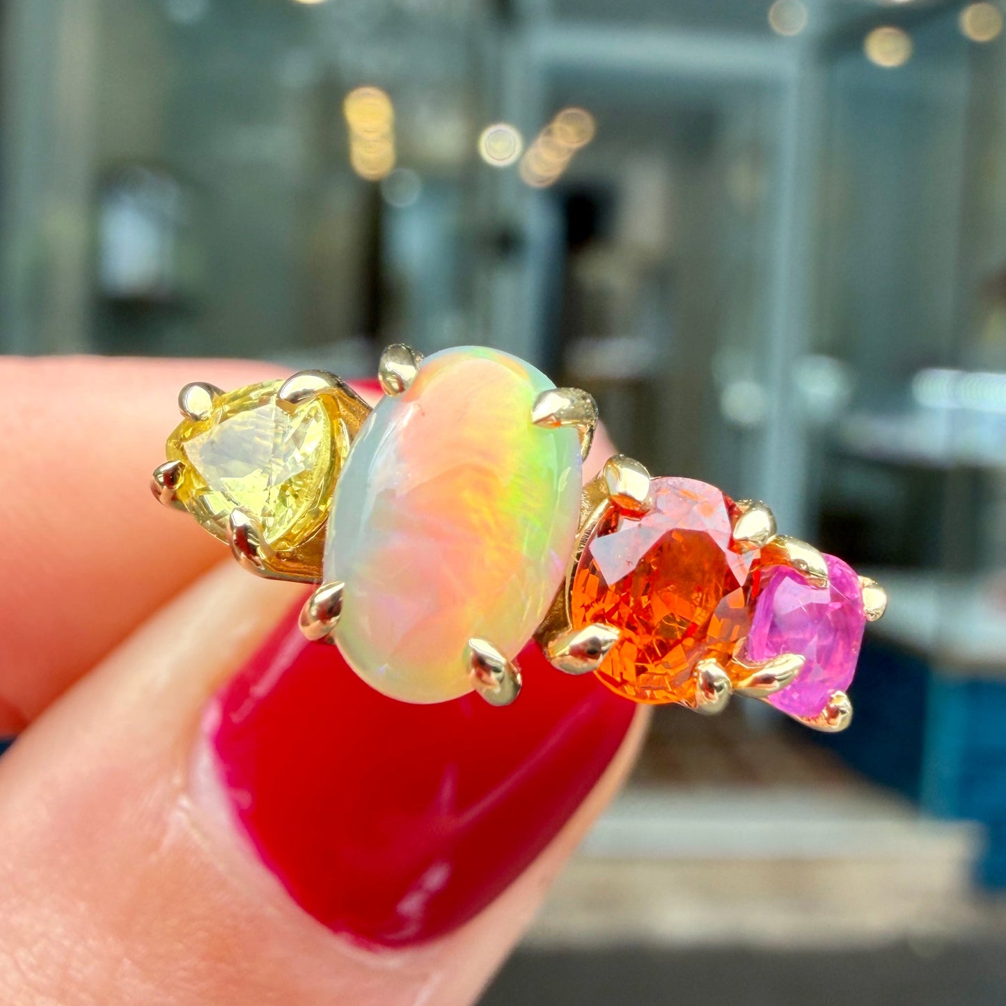 One-off Semi-Black Opal And Sapphire Splice Ring In 18ct Yellow Gold, Size M (In Stock)