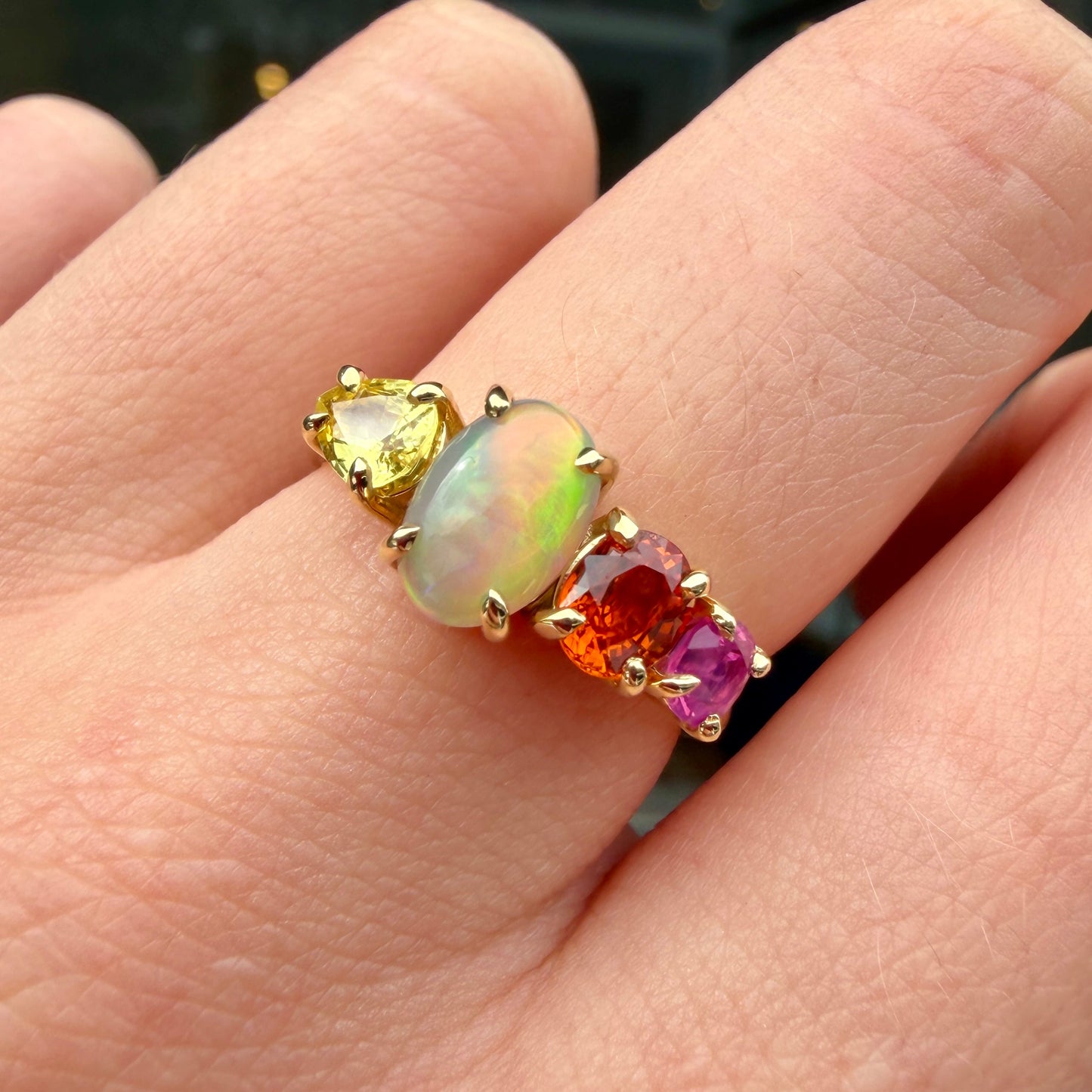 One-off Semi-Black Opal And Sapphire Splice Ring In 18ct Yellow Gold, Size M (In Stock)