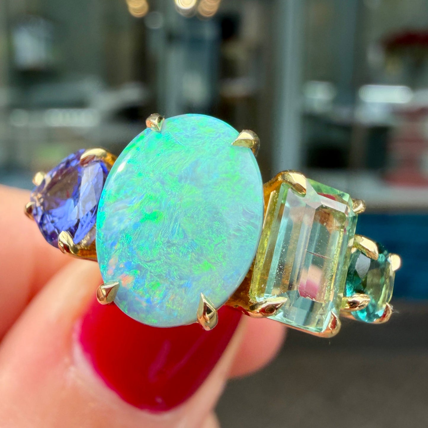 One-off Boulder Opal, Tanzanite, Green Tourmaline And Sapphire Splice Ring In 18ct Yellow Gold, Size Q (In Stock)