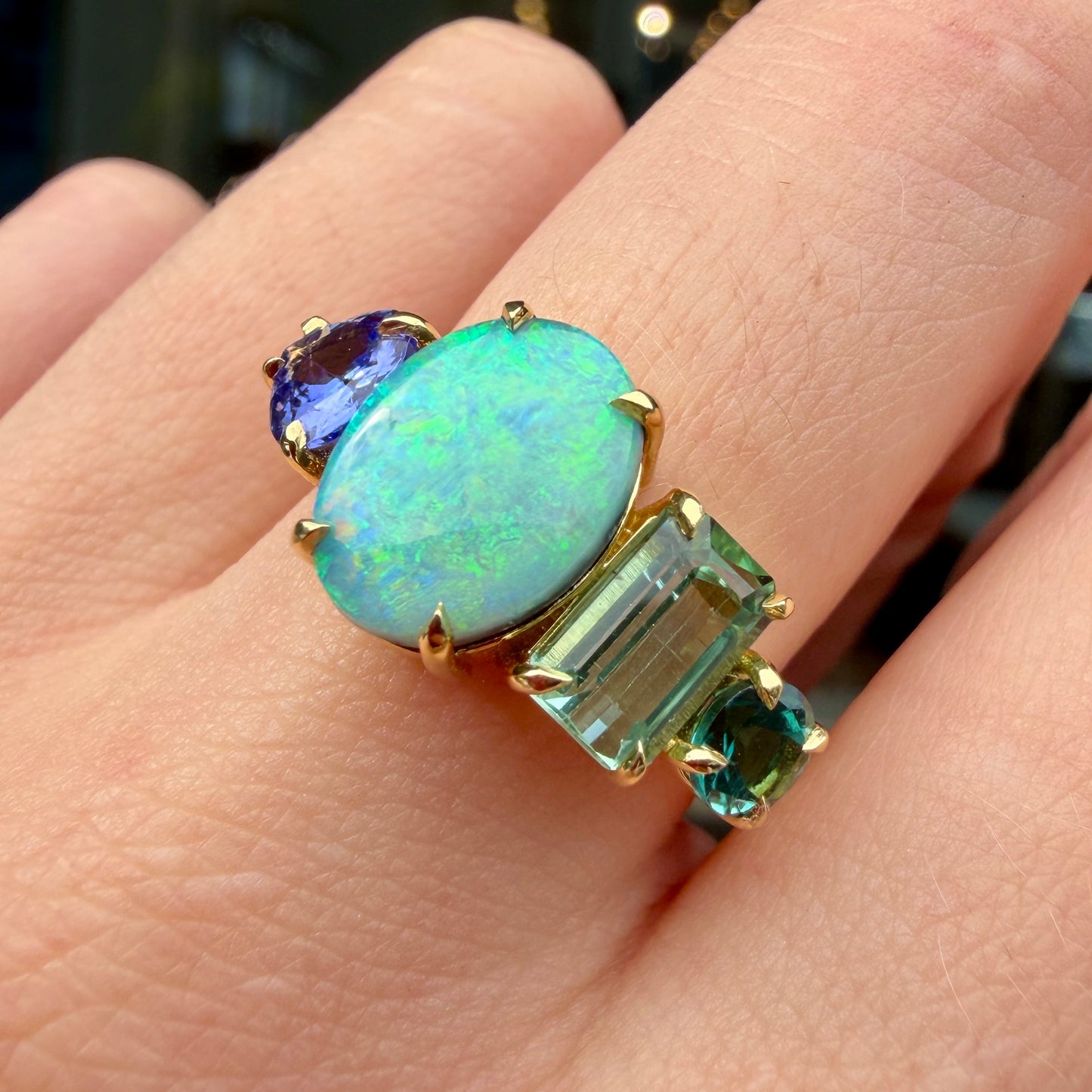 One-off Boulder Opal, Tanzanite, Green Tourmaline And Sapphire Splice Ring In 18ct Yellow Gold, Size Q (In Stock)