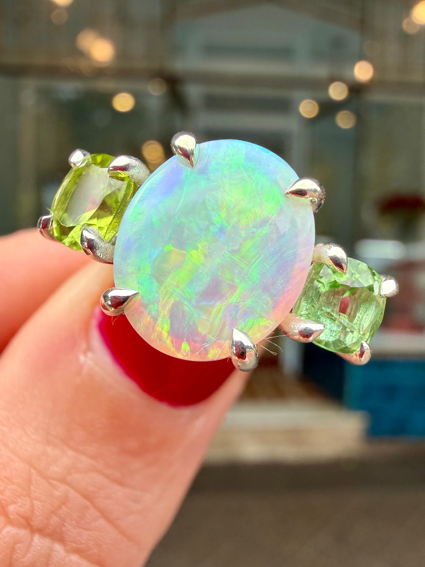 One-off Crystal Opal, Peridot & Green Tourmaline Chunky Splice Ring In Silver, Size N (In Stock)