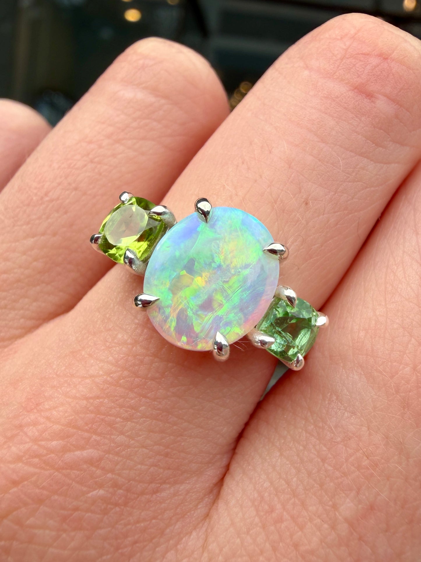 One-off Crystal Opal, Peridot & Green Tourmaline Chunky Splice Ring In Silver, Size N (In Stock)