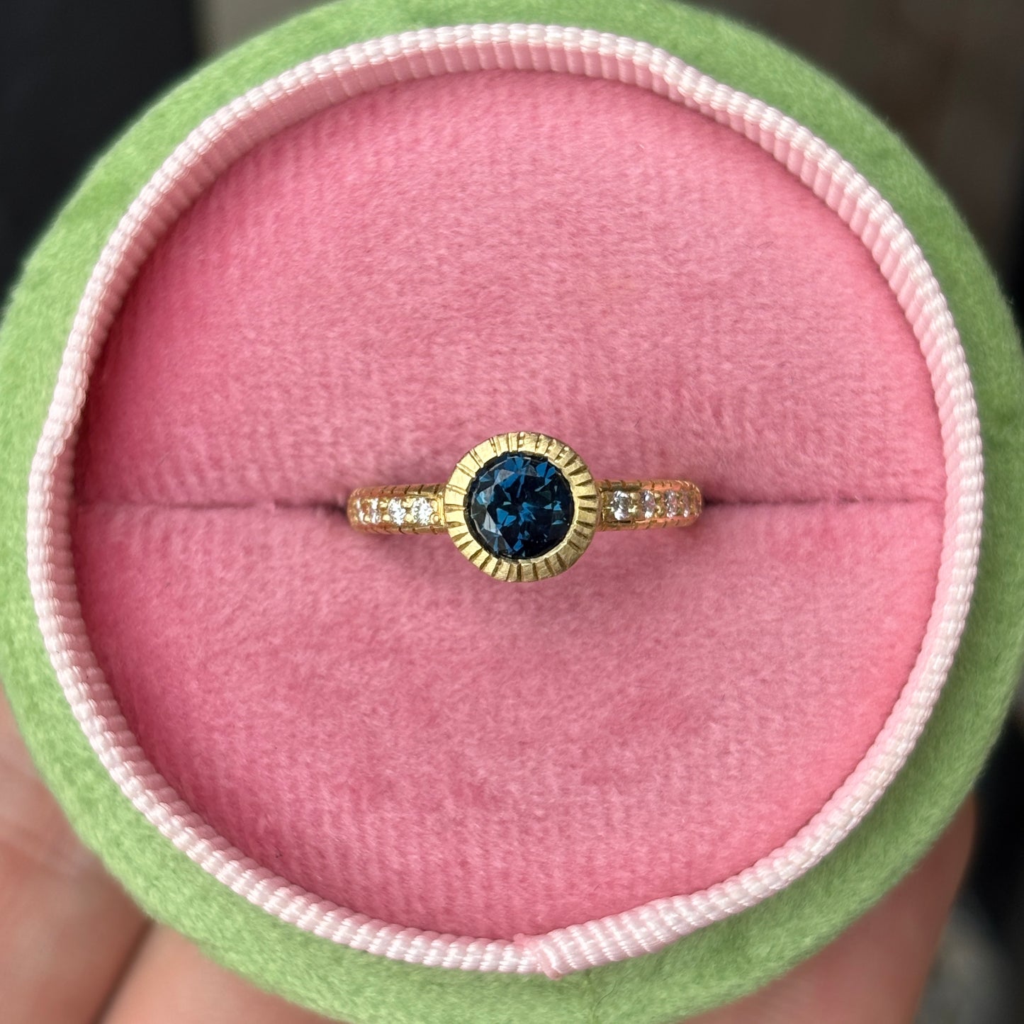 Teal Sapphire Belle Ring in 18ct Yellow Gold, Size K and a half (In Stock)
